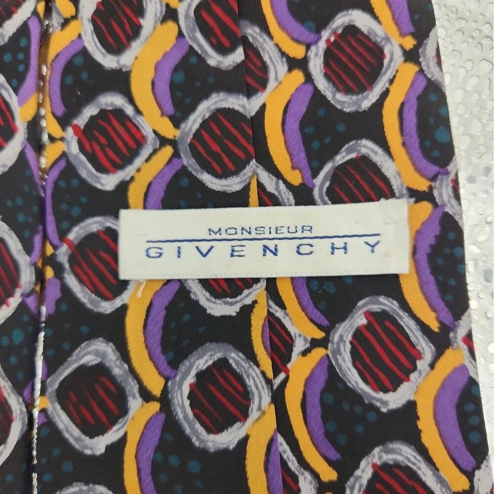 Tie Givenchy Monsieur 100% Silk Abstract Geometric Yellow Purple Necktie USA VTG